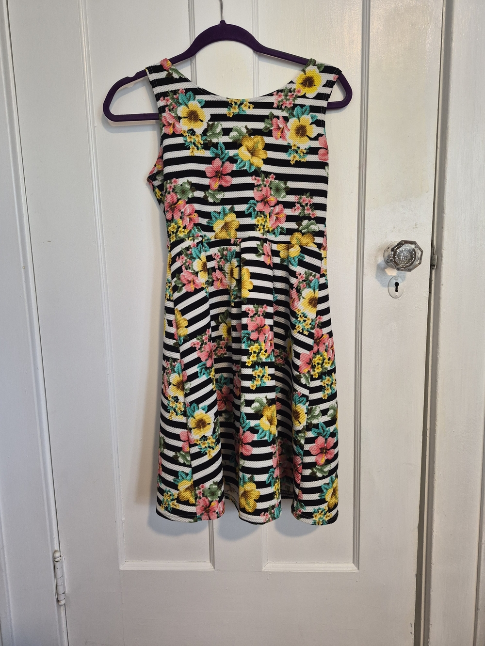 Girls Black & White Striped Floral Summer Dress - Yellow & Pink Flowers